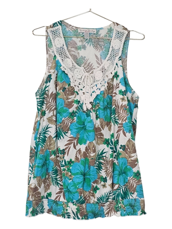 French Laundry Tops - French Laundry Woman 14/16 Blue Tropical Floral Crochet Lace Tank Top Y2K Boho